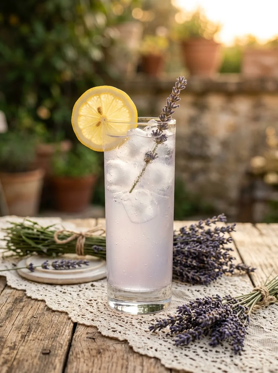 A pale purple lavender lemonade collins with a lavender sprig.