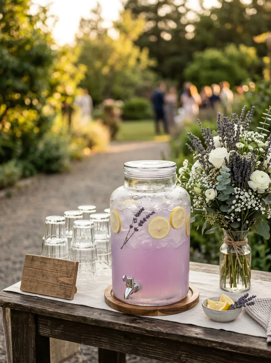 A drink dispenser of lavender lemonade on a wedding welcome table.