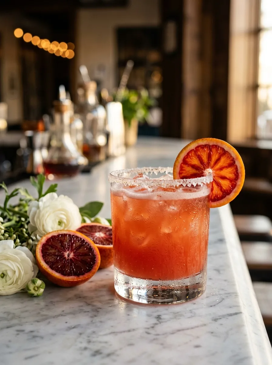 A deep coral blood orange margarita with a salt rim and a blood orange wheel.