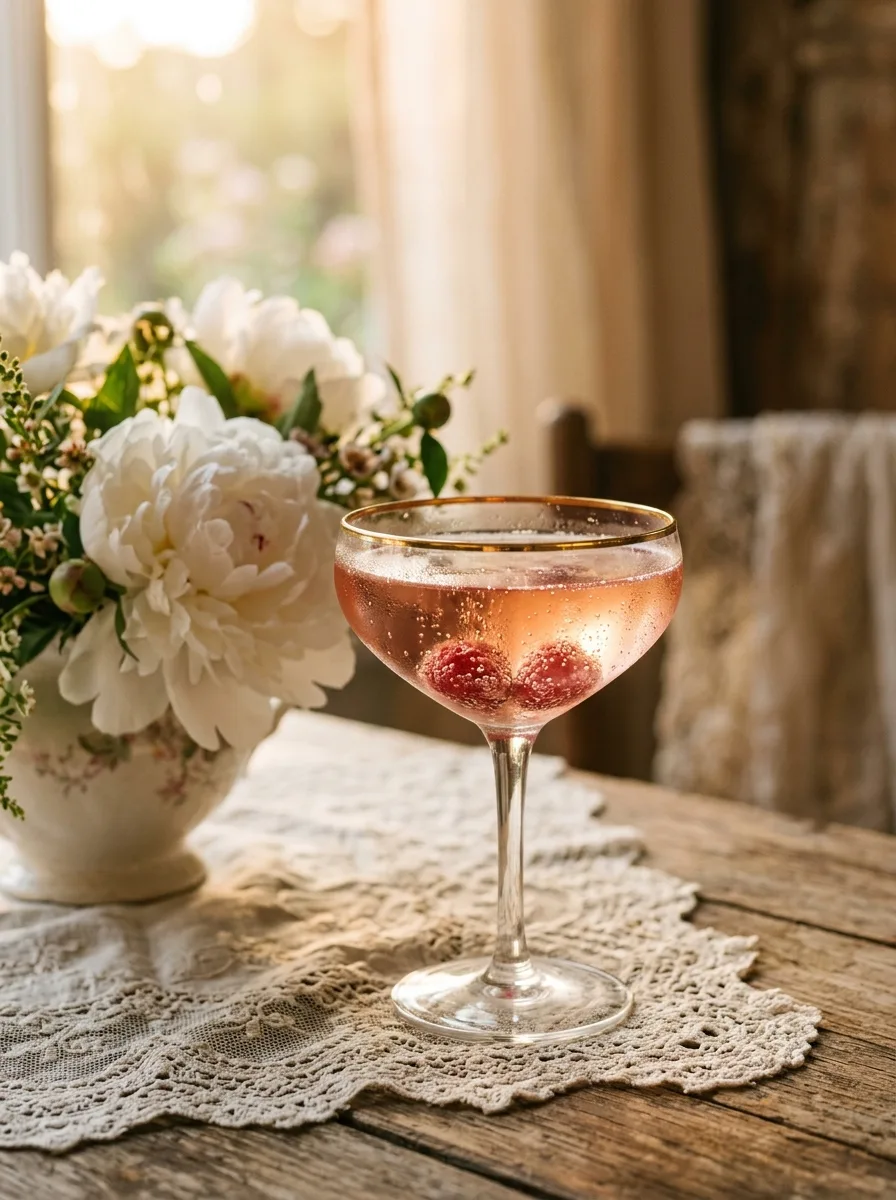A raspberry royale in a coupe with raspberries and fine bubbles.