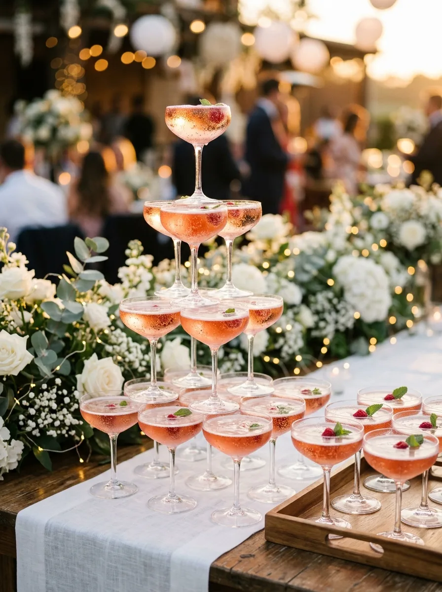 A tower of coupes being filled with raspberry royale at a reception.