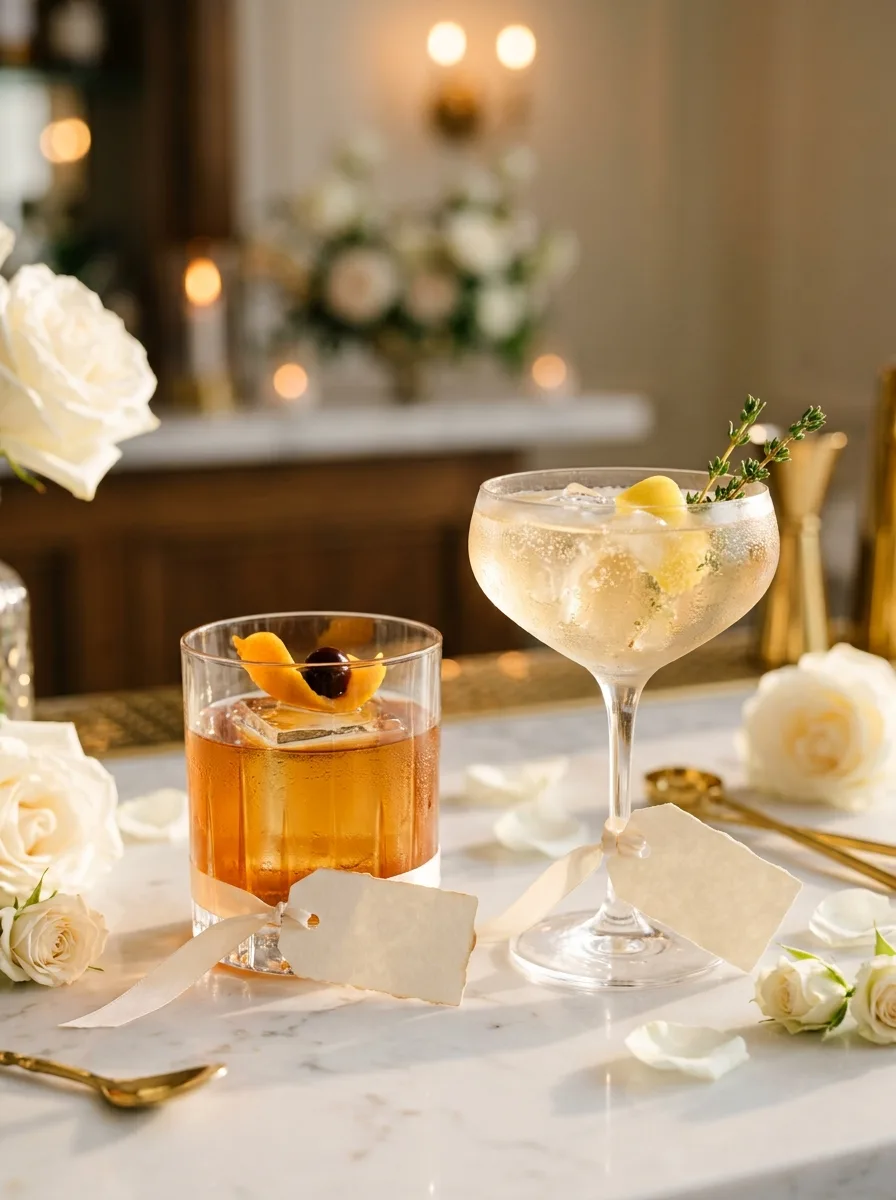 Two signature drinks with small blank tags labeled for the couple.