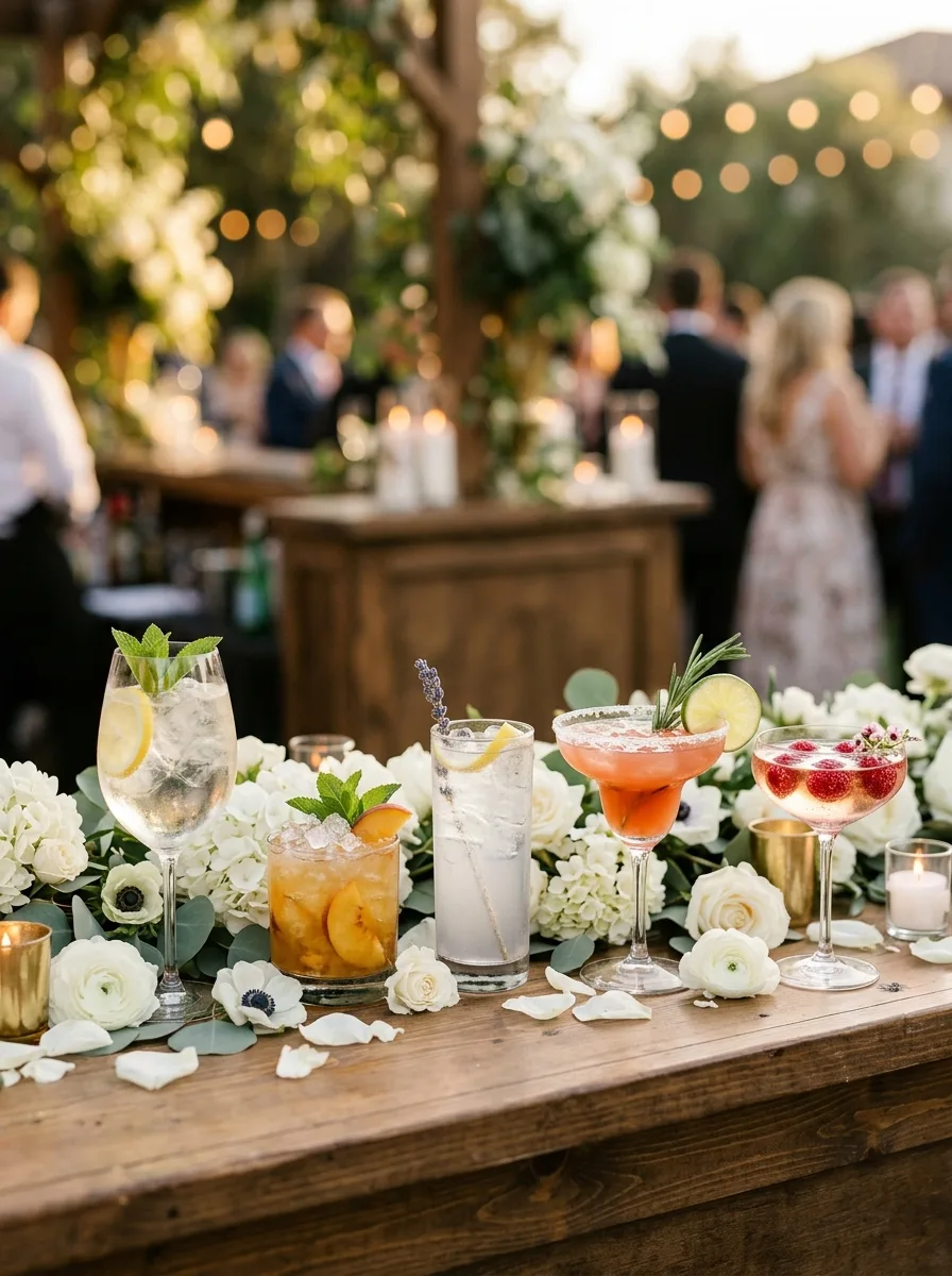 A wedding bar menu setup with signature cocktails and mocktails arranged on trays.