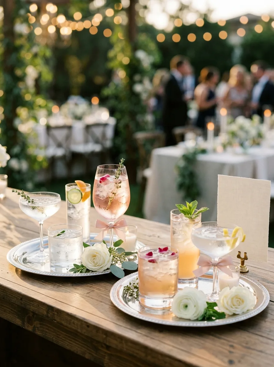 All five wedding signature cocktails on a flower-covered bar.
