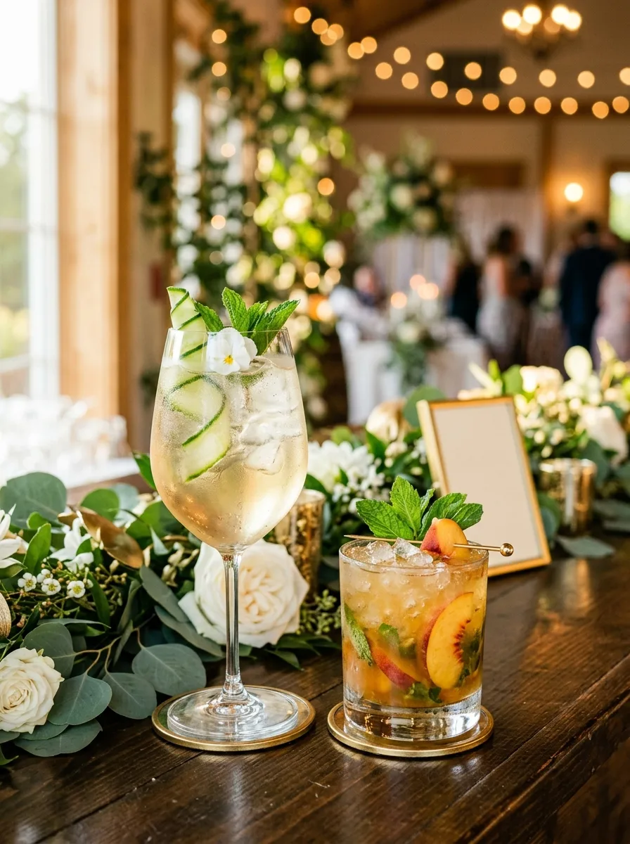 Two wedding signature cocktails on a reception bar with flowers: a pale elderflower gin spritz and an amber bourbon peach smash, with a small blank welcome sign.