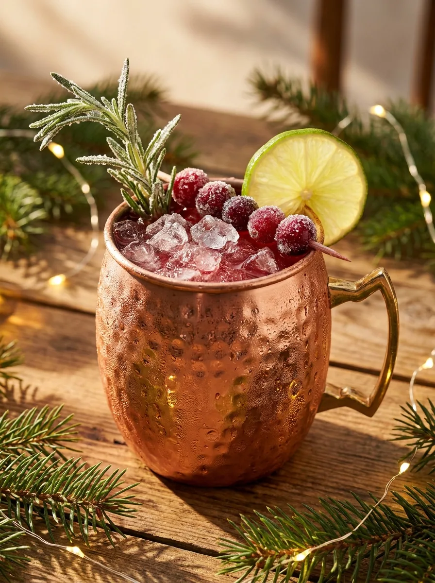 A cranberry rosemary mule in a copper mug with sugared cranberries and a rosemary sprig.