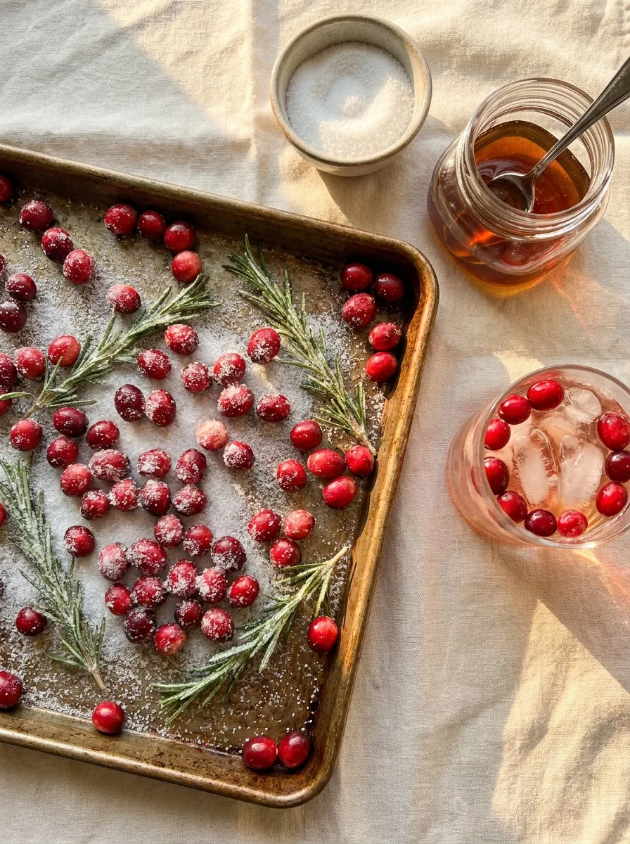 Rosemary sprigs and cranberries rolled in sugar on a baking sheet.