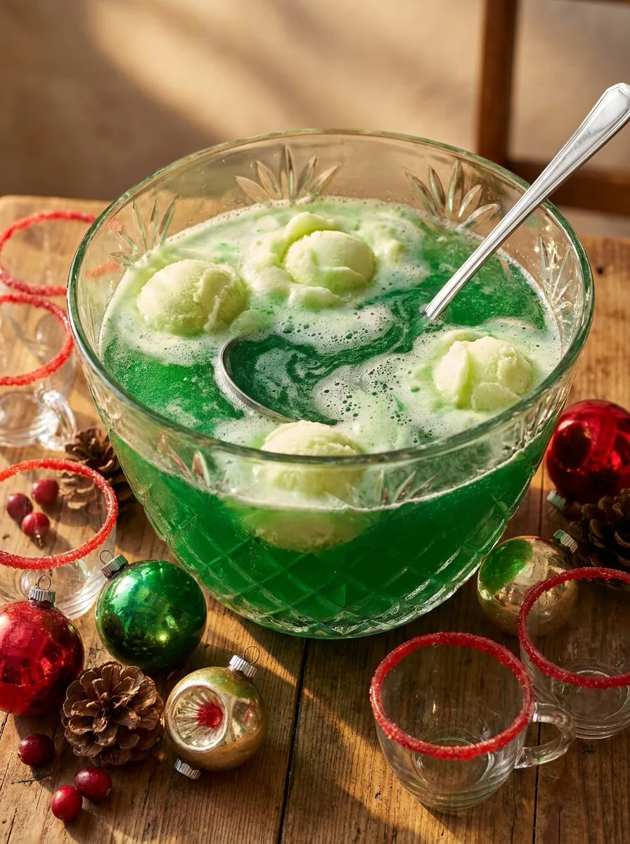 A frothy green Grinch sherbet punch in a glass with a red sugar rim and a heart sprinkle.