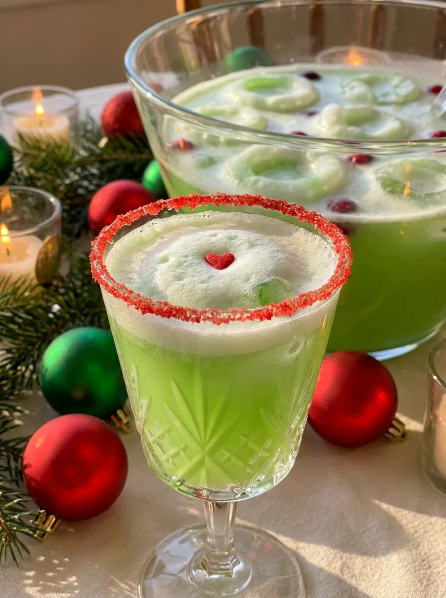 A punch bowl of green sherbet punch with scoops of lime sherbet floating on top.