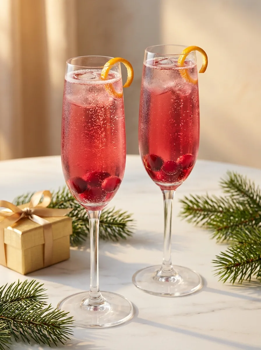 Two poinsettia cocktails in flutes with cranberries and an orange twist.