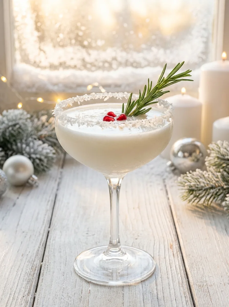 A white Christmas margarita in a coupe with a shredded coconut rim and a sprig of rosemary.