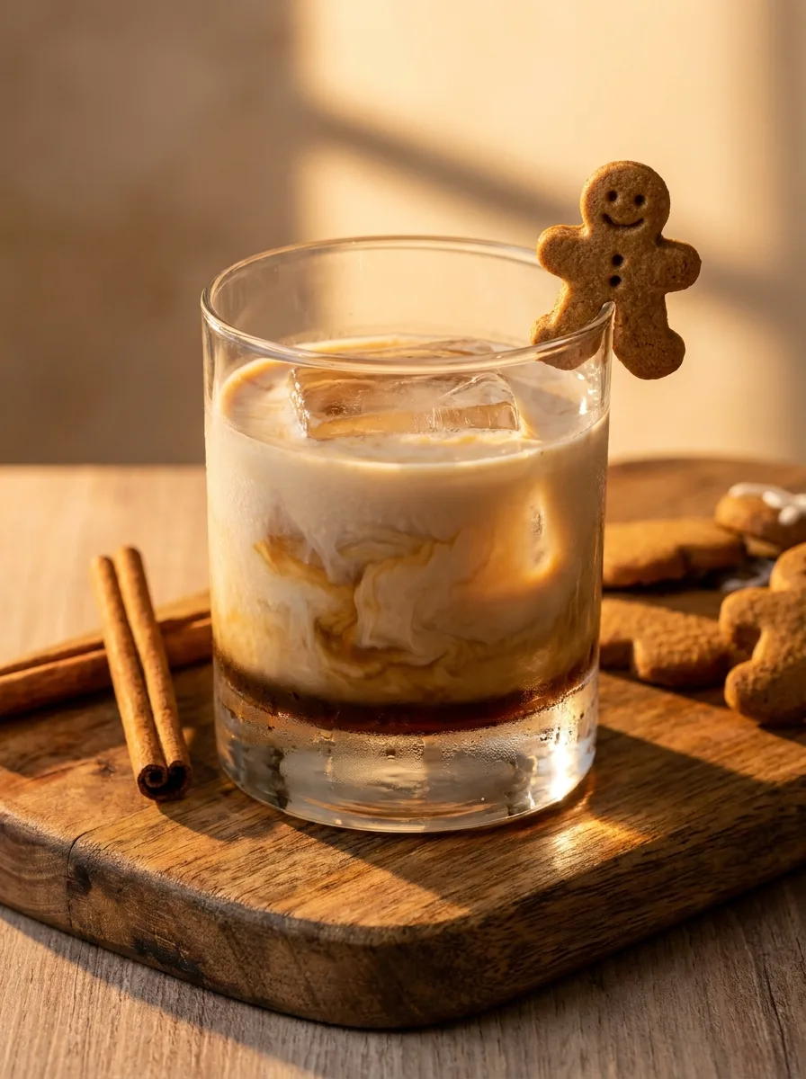 A gingerbread white russian in a rocks glass with a mini gingerbread cookie on the rim.