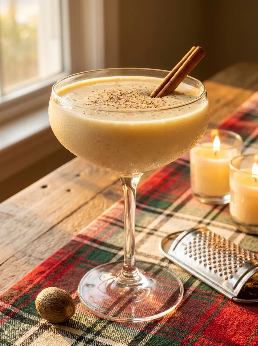 A glass of bourbon eggnog dusted with freshly grated nutmeg.