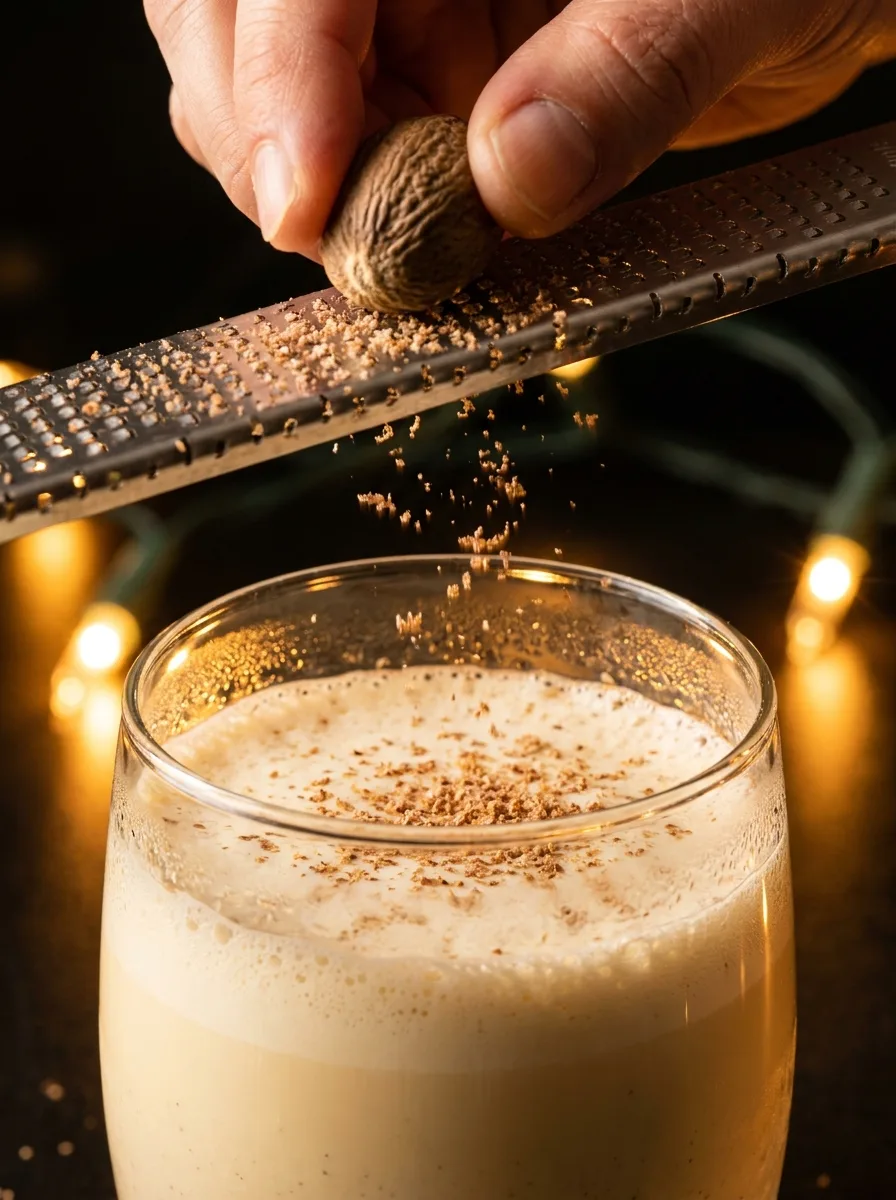 Freshly grated nutmeg falling onto a glass of eggnog.