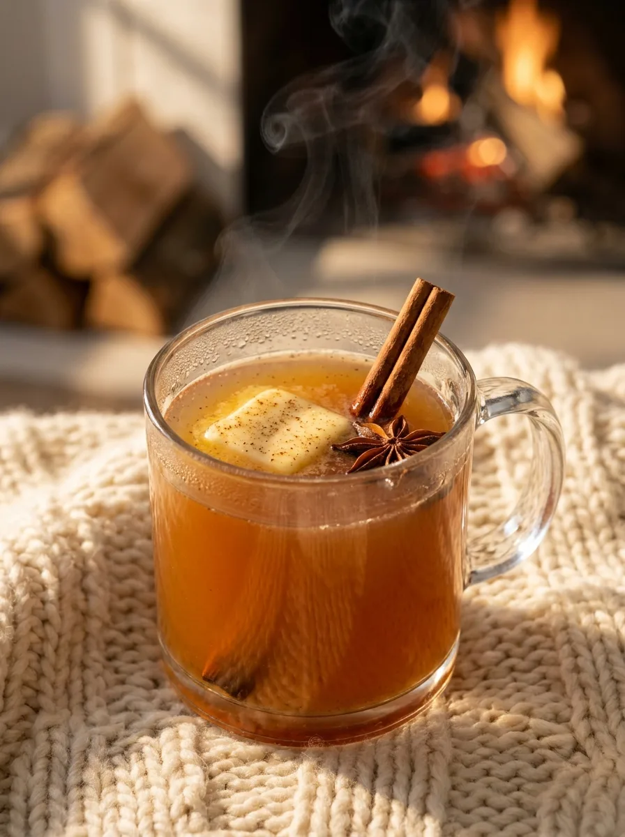 A steaming mug of hot buttered rum with a pat of spiced butter melting on top.