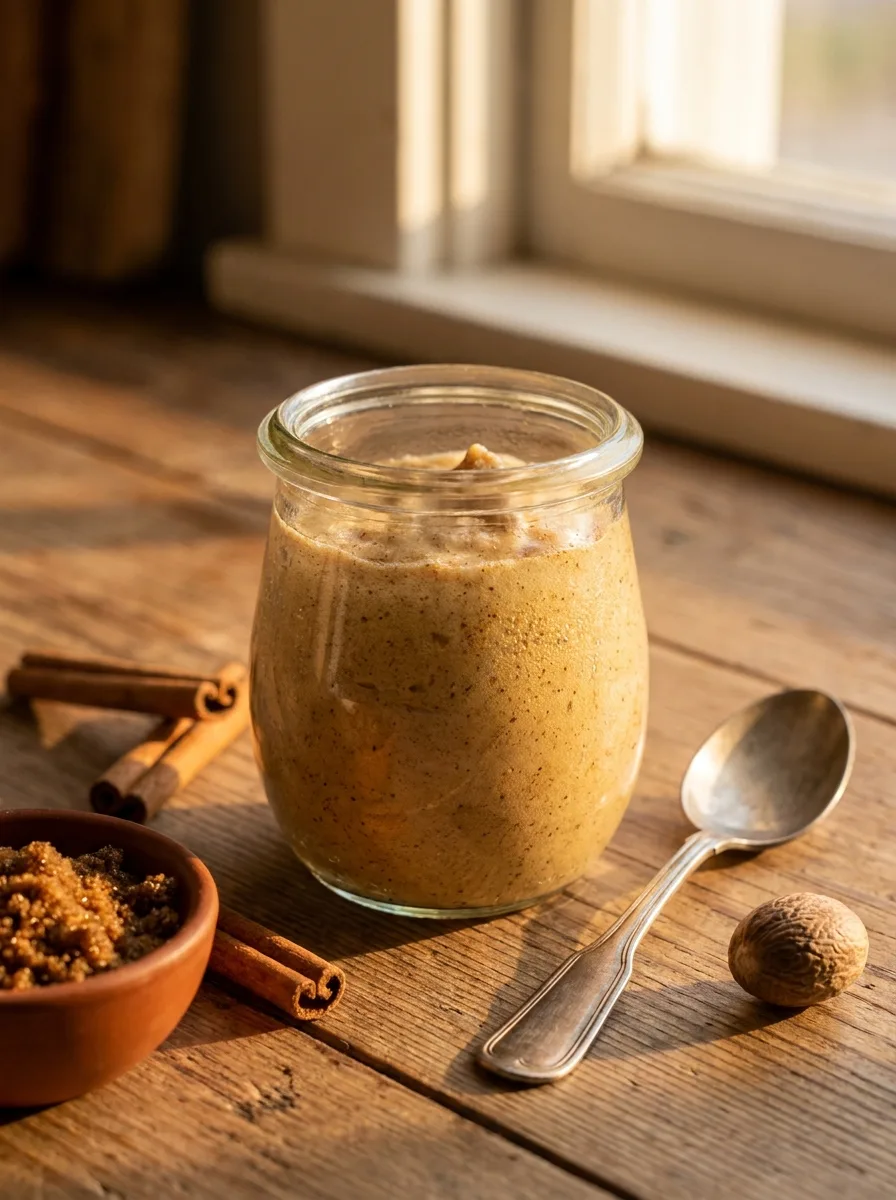 A jar of spiced butter batter with brown sugar, cinnamon, and nutmeg.
