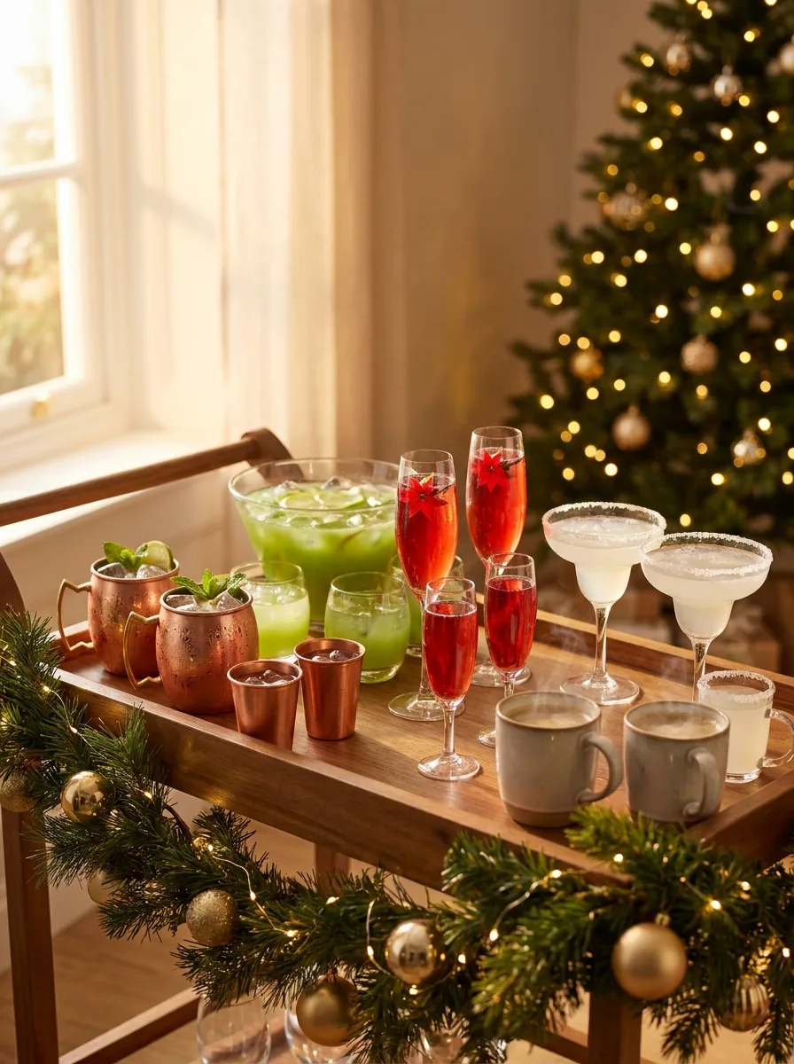 A Christmas party bar with cocktails and mocktails side by side, a tree glowing in the background.