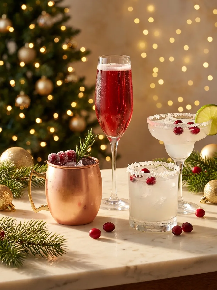 Christmas cocktails in front of a lit tree: a cranberry rosemary mule in a copper mug, a poinsettia in a flute, and a frosty white Christmas margarita with a coconut rim.