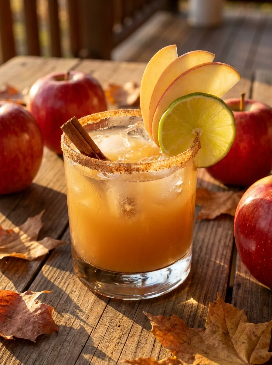 An apple cider margarita on the rocks with a cinnamon sugar rim and apple slices.