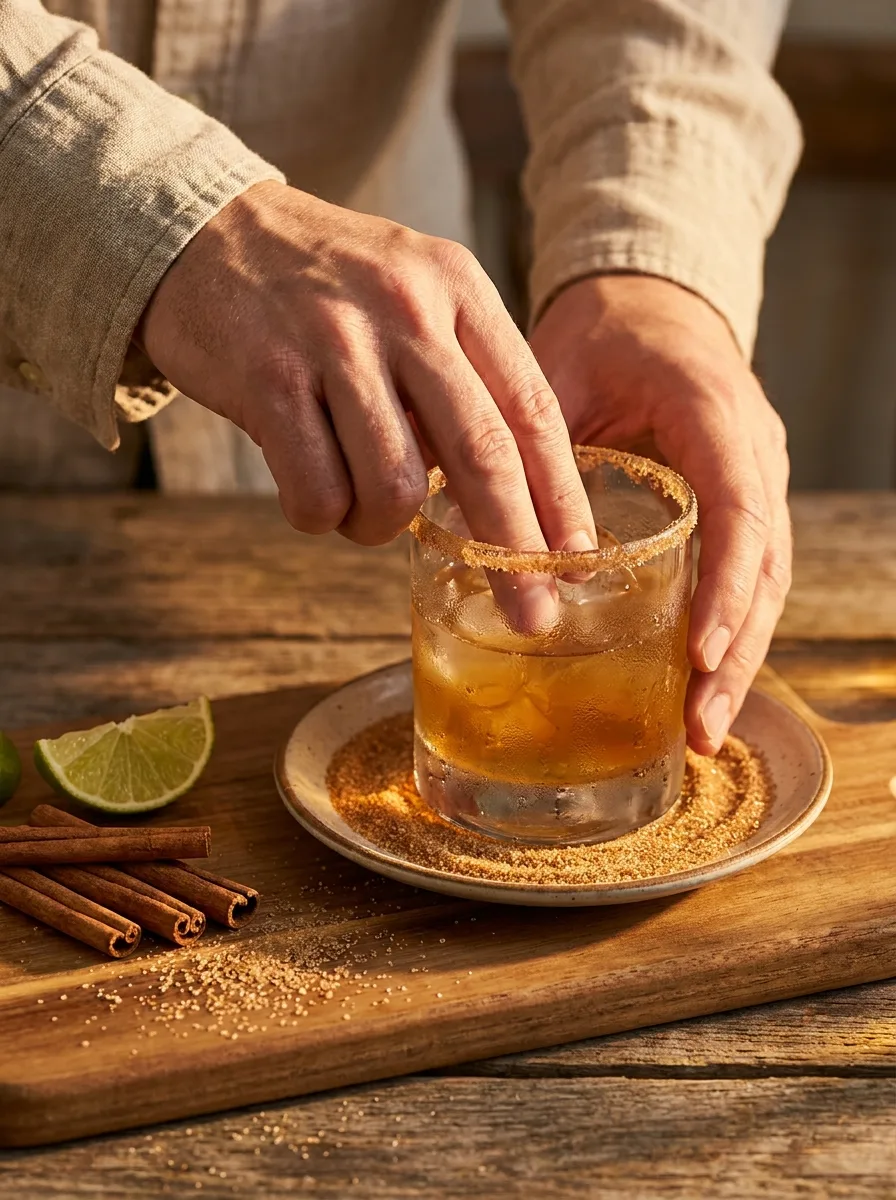 A glass rim being dipped into a plate of cinnamon sugar.