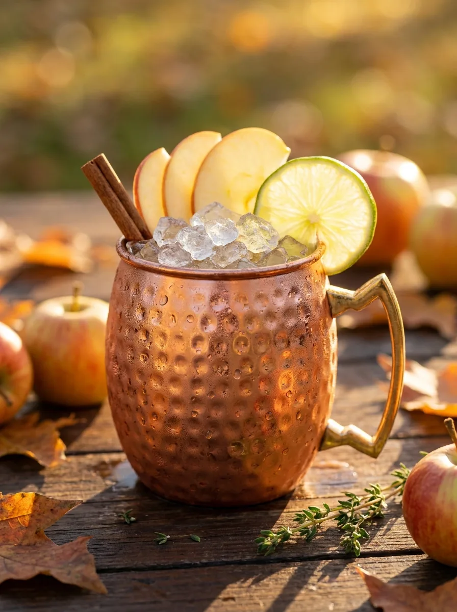 An apple cider Moscow mule in a copper mug with a cinnamon stick and apple slices.