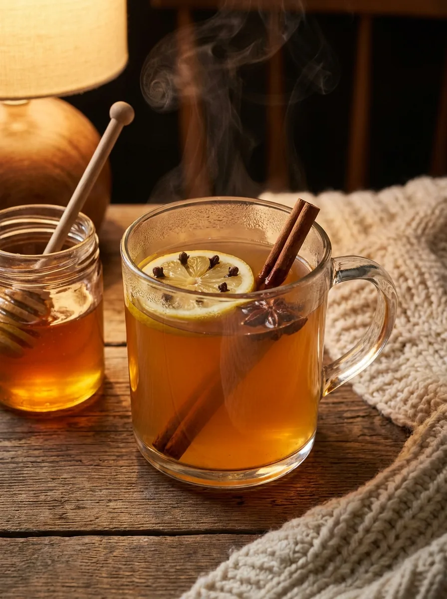 A steaming hot toddy in a glass mug with a lemon wheel studded with cloves.
