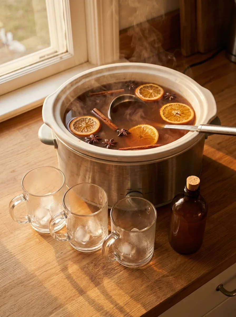 A slow cooker of mulled cider surrounded by mugs, cinnamon sticks, and orange slices.