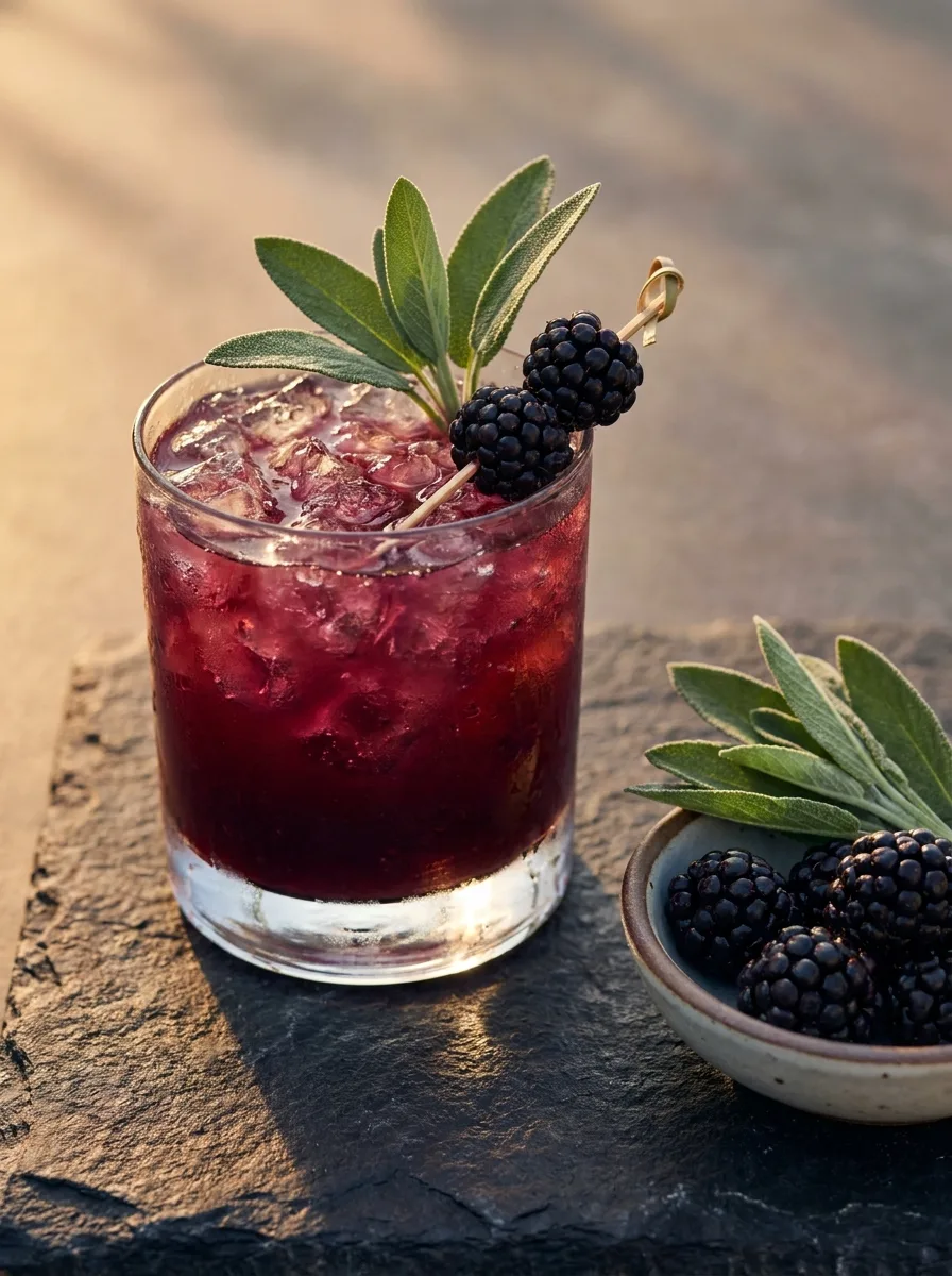 A dark blackberry sage bramble over crushed ice with a sage leaf and blackberries.