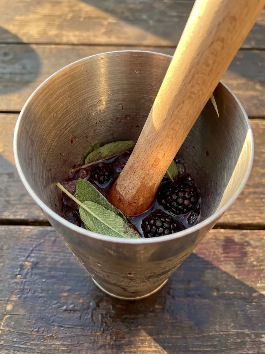 Fresh sage leaves and blackberries being muddled in a shaker.