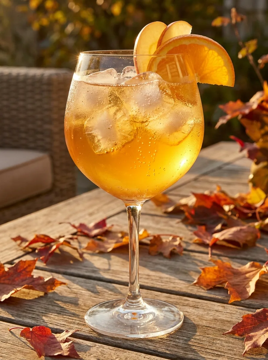 An orange-red apple cider spritz in a large wine glass with ice and an apple slice.