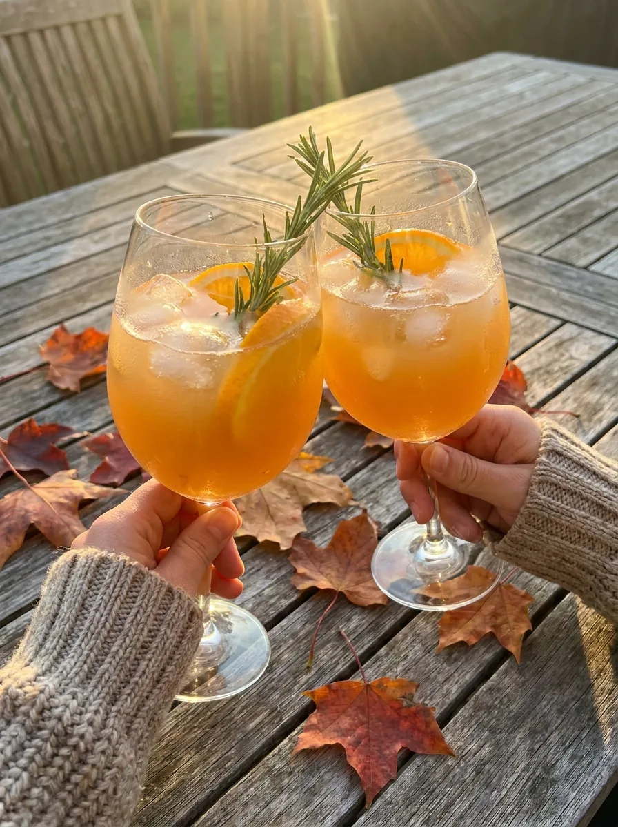 Two apple cider spritzes clinking on a terrace in autumn light.
