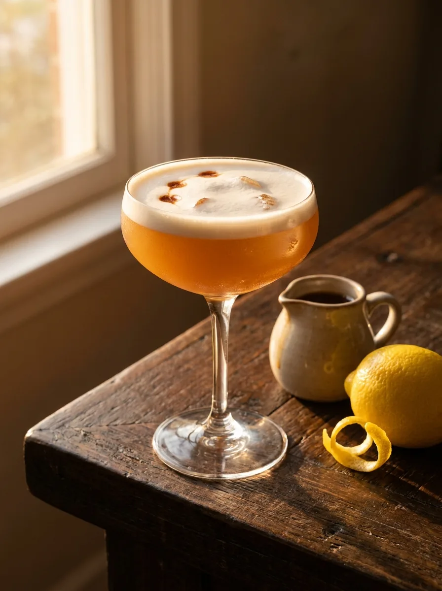 A maple whiskey sour in a coupe with a silky foam top and drops of bitters.