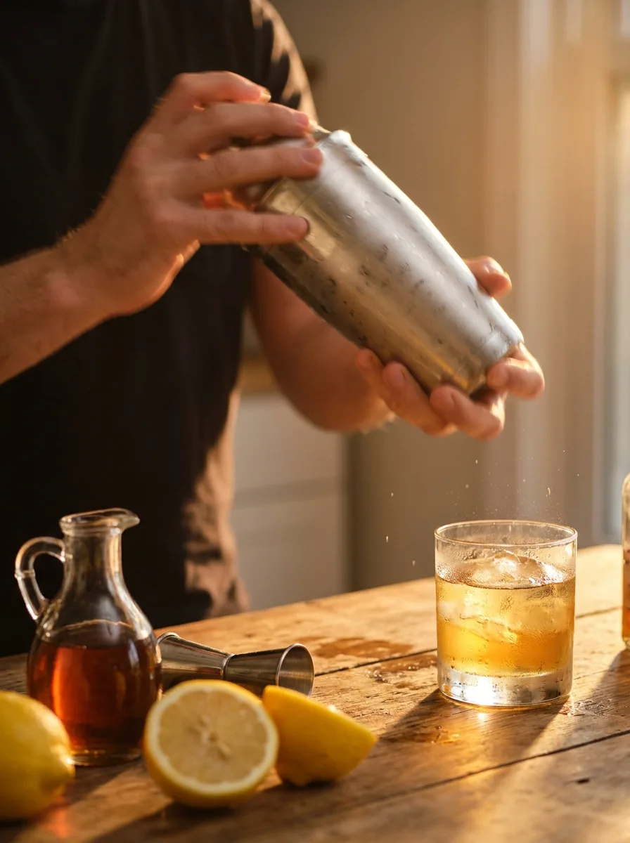 A cocktail shaker being shaken, with maple syrup and lemons on the bar.