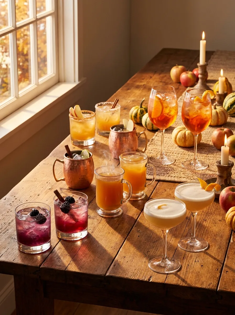 All six fall cocktails and their zero-proof twins on a long table in autumn light.