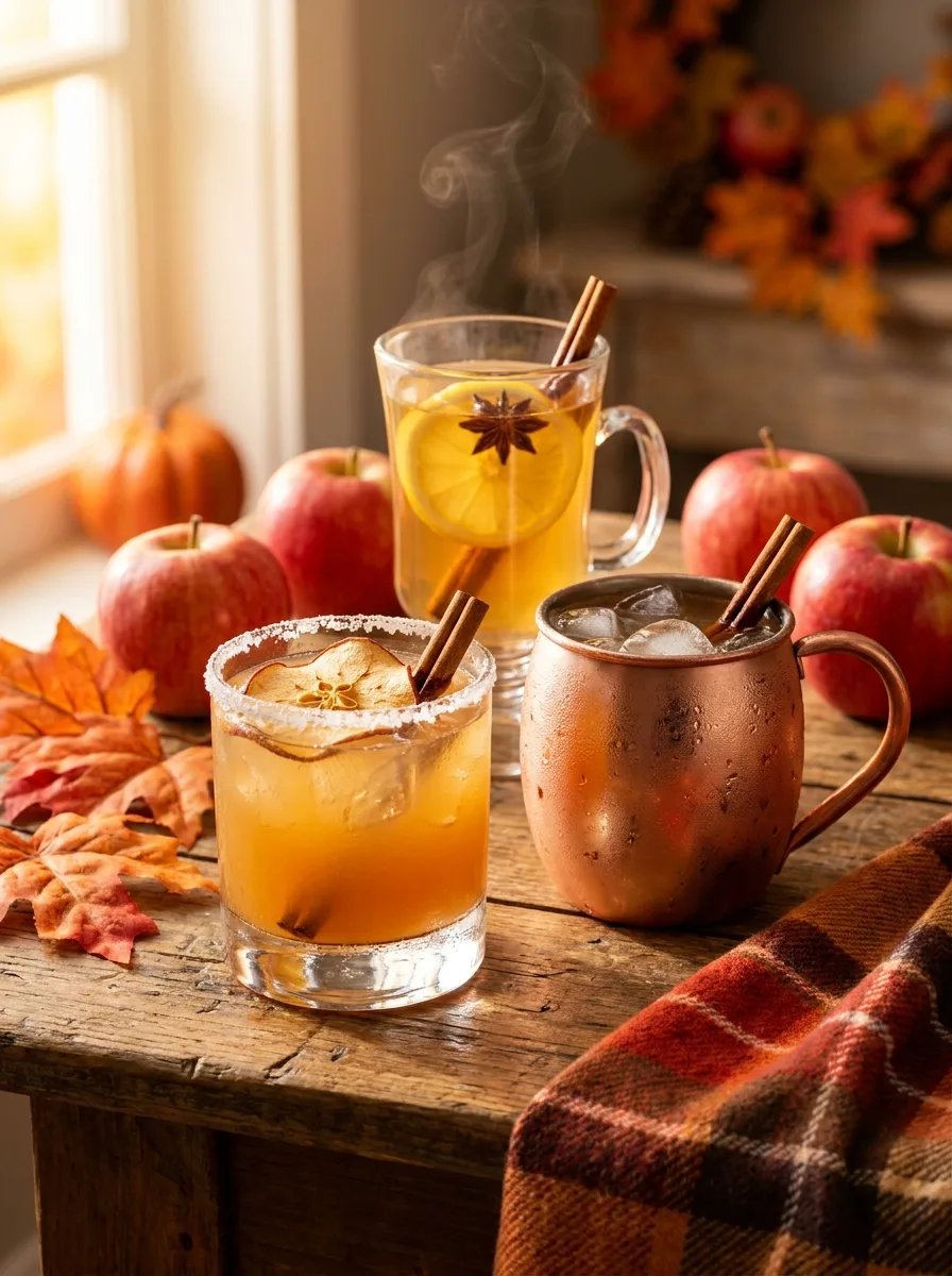 Fall cocktails on a rustic table: an apple cider margarita with a cinnamon sugar rim, a copper mug cider mule, and a steaming hot toddy among apples and autumn leaves.