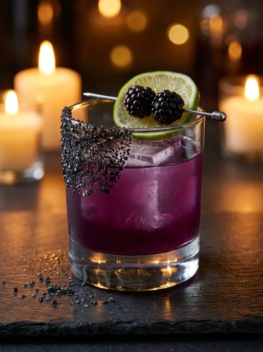 A blackberry witch's margarita in a rocks glass with a half black salt rim, crushed ice, and a lime wheel.