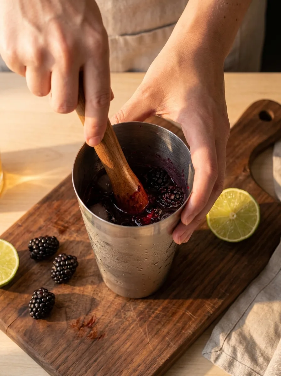 Hands pressing fresh blackberries with a muddler in the bottom of a cocktail shaker tin.