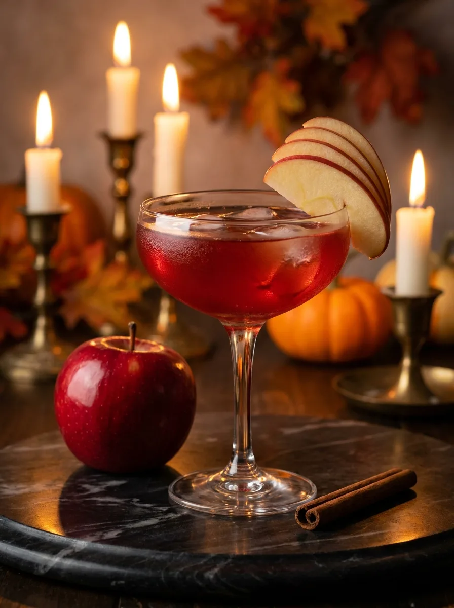 A ruby-red poison apple sour in a coupe glass with a thin red apple slice fanned on the rim.