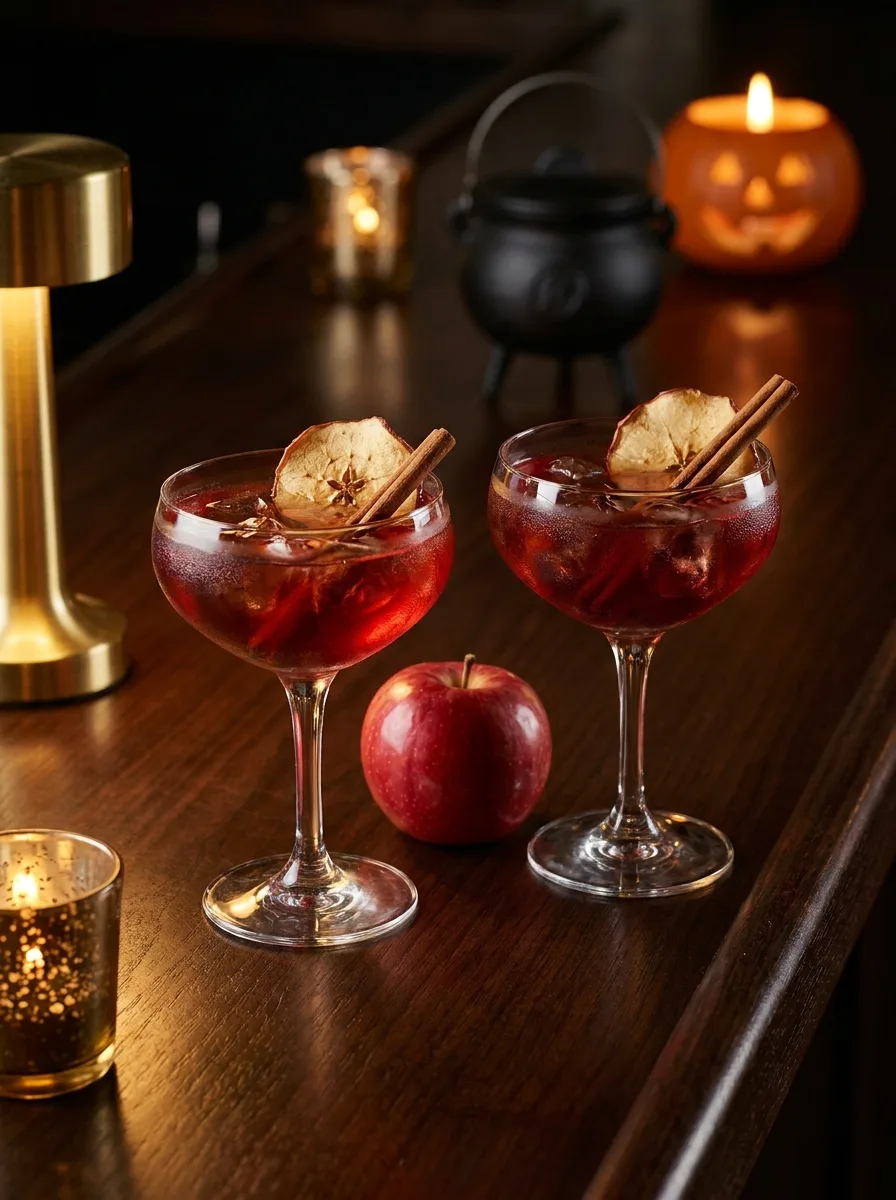 Two poison apple drinks side by side, the cocktail and its zero-proof twin, with a whole red apple between them.