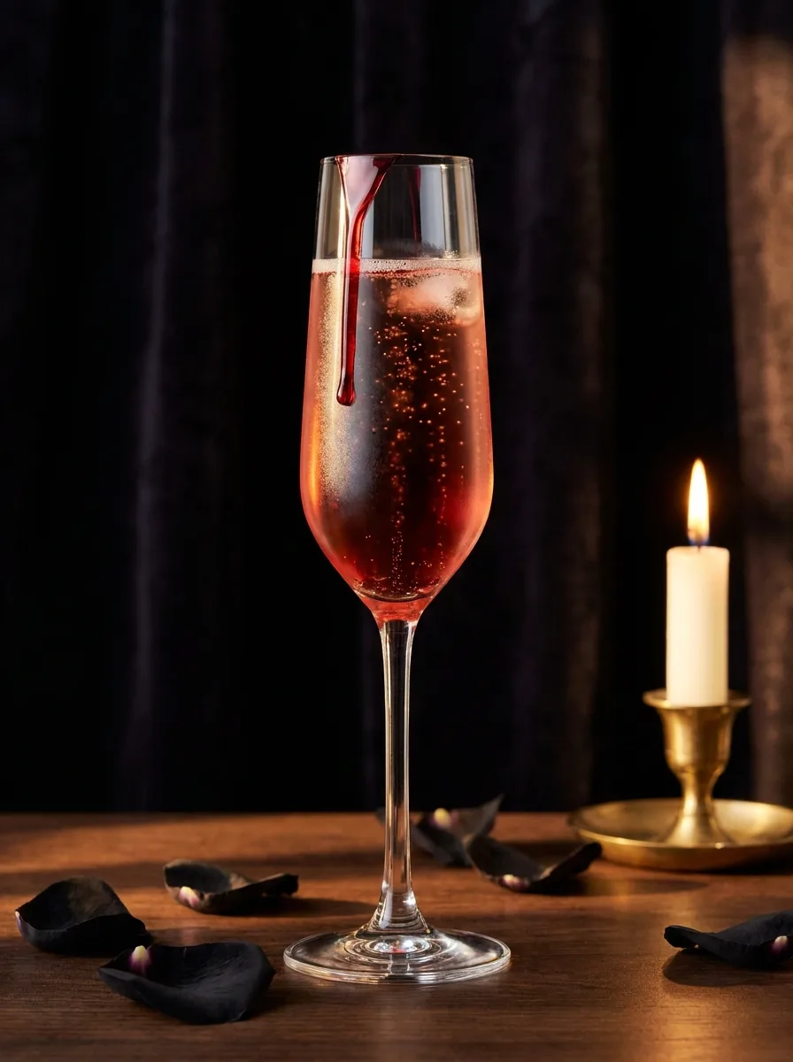 A sparkling vampire's kiss in a flute with a red syrup drip running down from the rim.