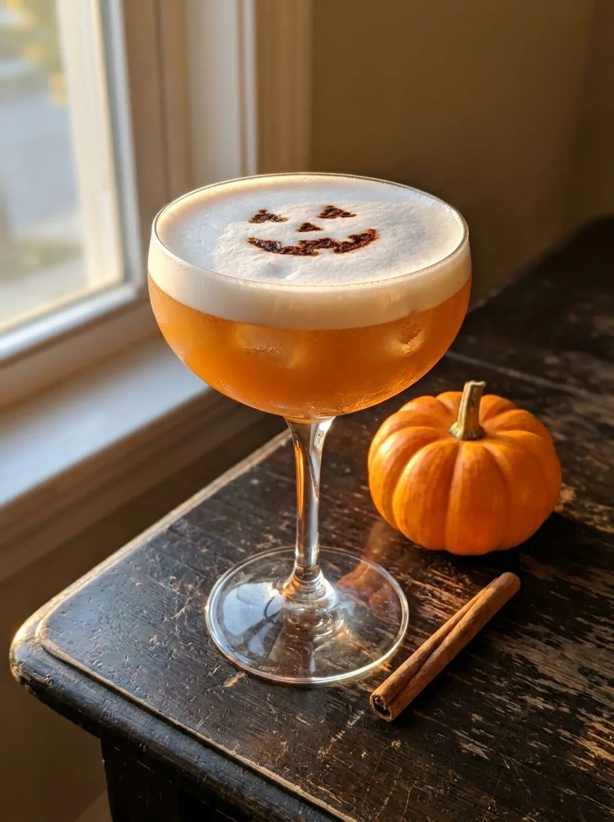 A jack-o'-lantern sour in a coupe with a thick foam top decorated with a stenciled bitters pumpkin face.