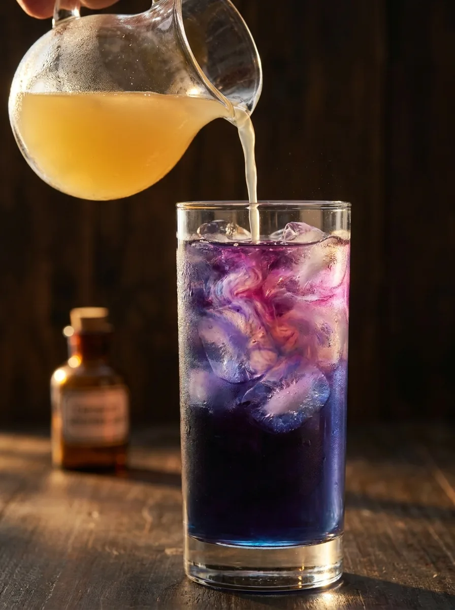 Lemon juice being poured into a blue butterfly pea drink, turning the top half violet.