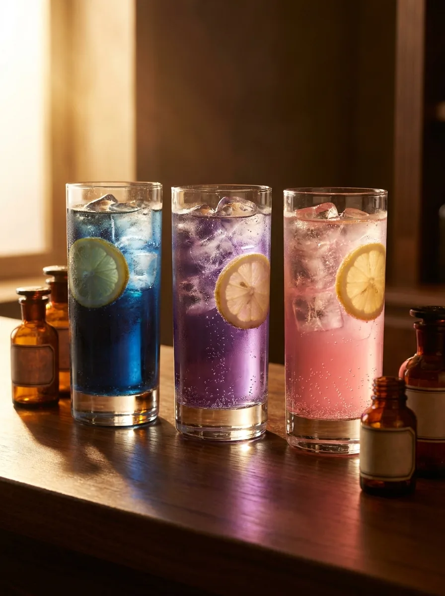 Three color-changing potion drinks in highballs showing blue, violet, and pink stages.