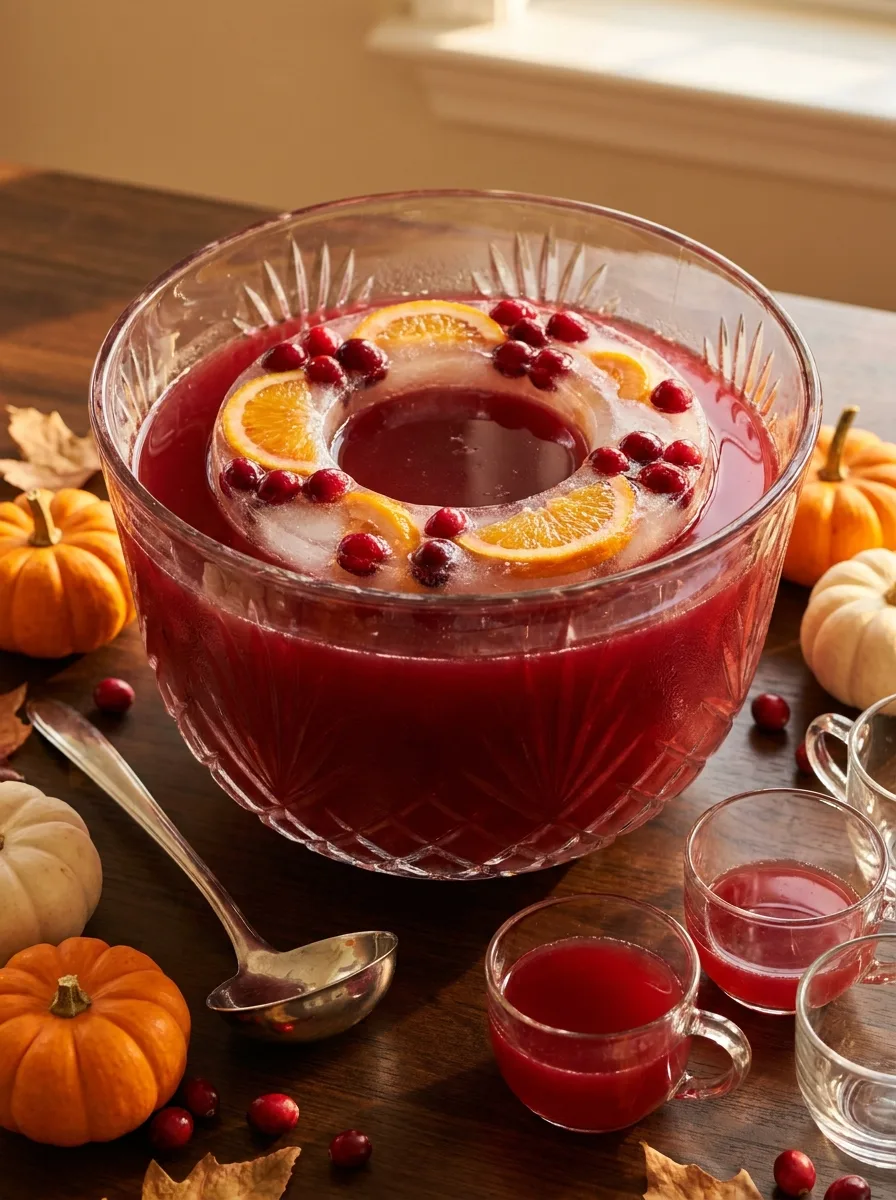 A glass punch bowl of dark red graveyard punch with a cranberry and orange ice ring floating in it.