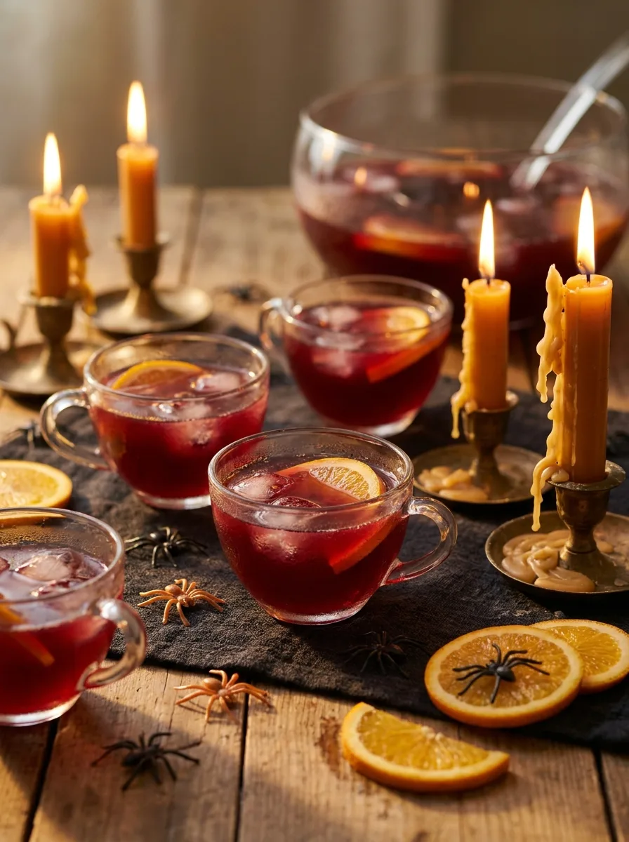 Small cups of graveyard punch on a Halloween party table with candles and plastic spiders.