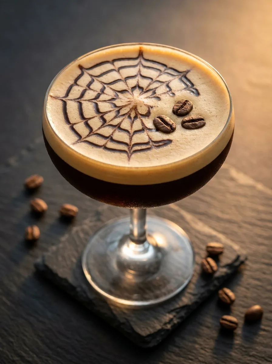 A black widow espresso martini in a coupe with a chocolate spiderweb drawn on the foam.