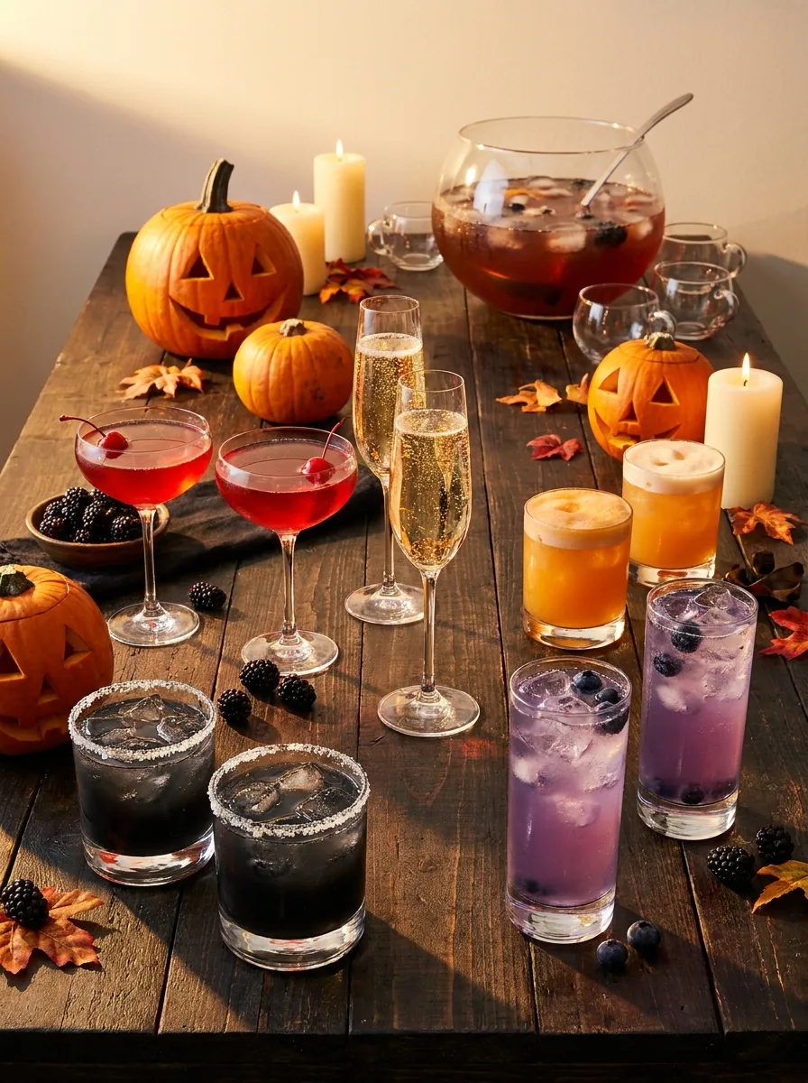 A Halloween drinks spread with all six cocktails and their zero-proof twins arranged on a long candlelit table.