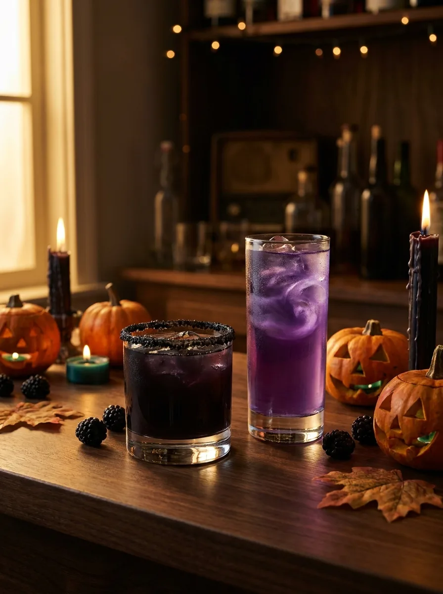 A dark blackberry margarita with a black salt rim and a violet color-changing gin potion on a moody bar top with small carved pumpkins and candlelight.