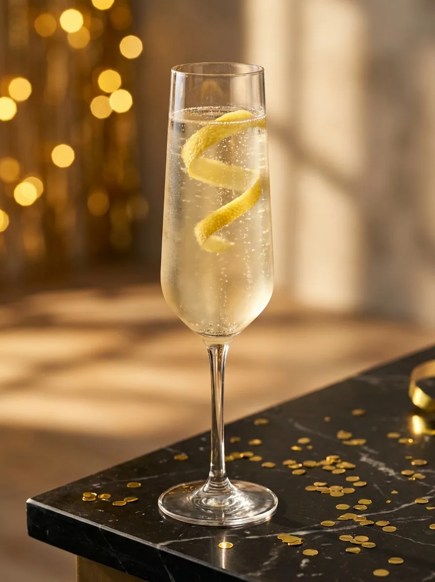 A French 75 in a flute with a long lemon twist curling inside the glass.