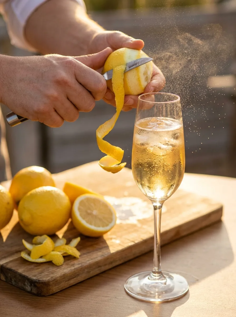 A long lemon peel being cut into a spiral twist with a channel knife.
